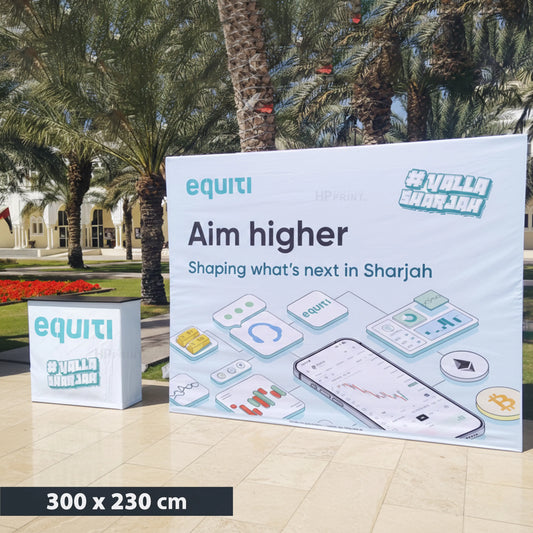 Fabric Backdrop outdoor banner for equiti with branding and text in a scenic outdoor setting.