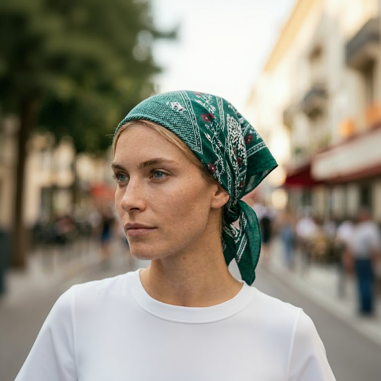 girl wear a green bandana scarf with a blurred street scene in the background