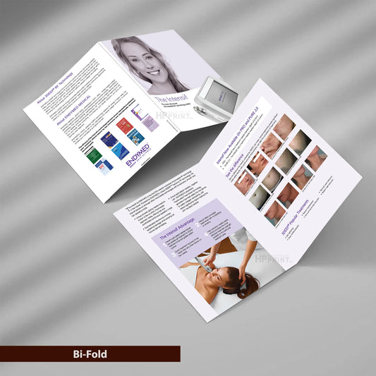 Bi-fold brochure with images and text on a gray background