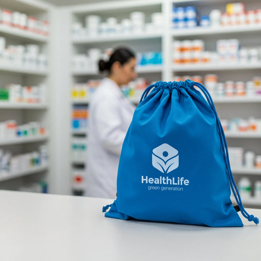 Blue drawstring bag with HealthLife logo on a pharmacy counter