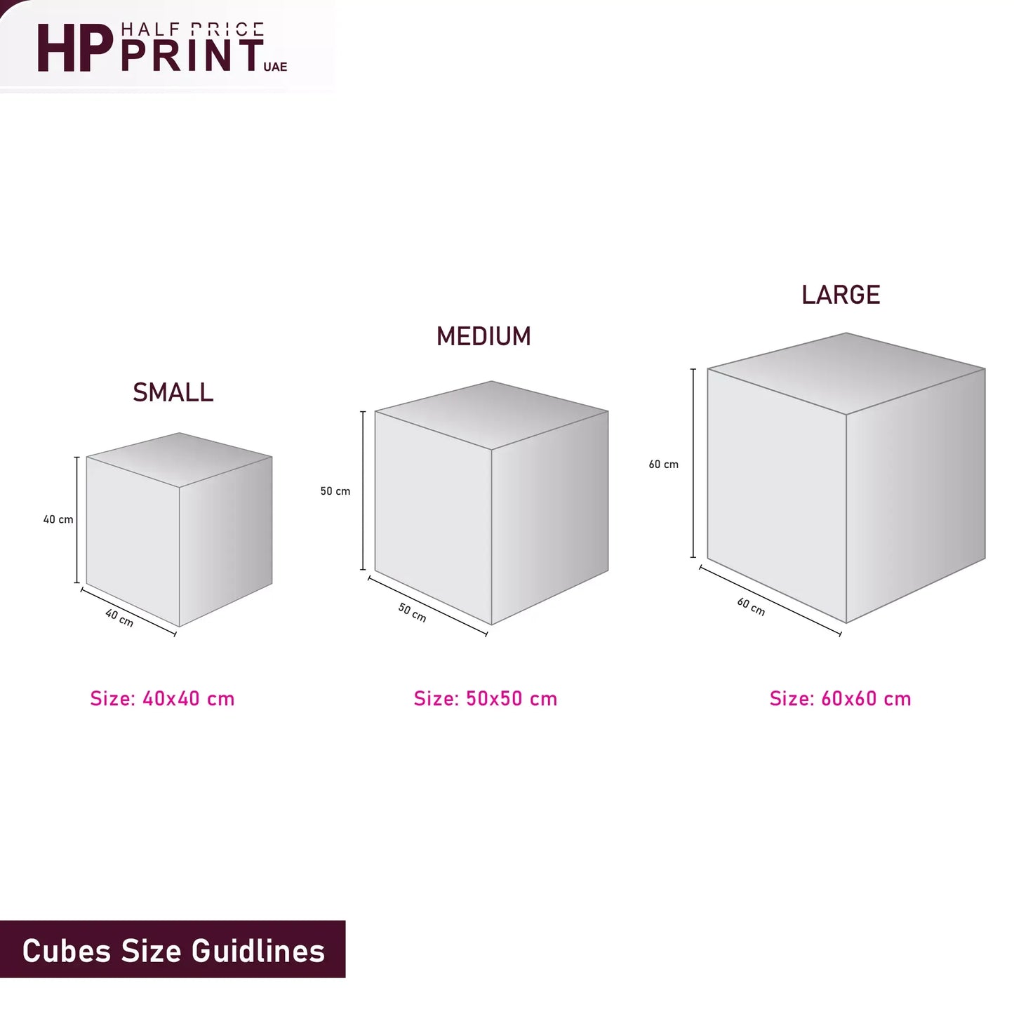 Size guidelines for small, medium, and large cubes with dimensions on a white background.