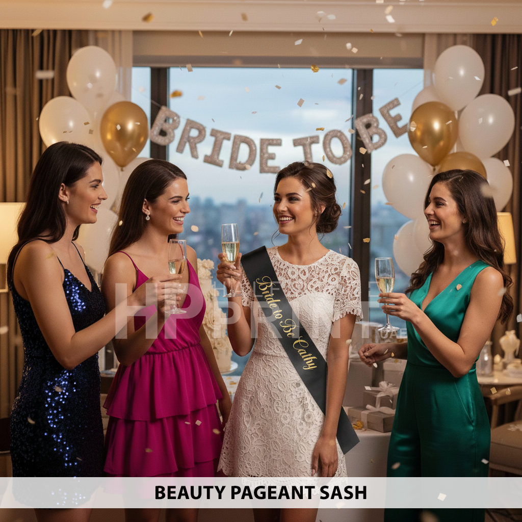 Four women celebrating a bachelorette party with 'Bride To Be' balloons and a beauty pageant sash.