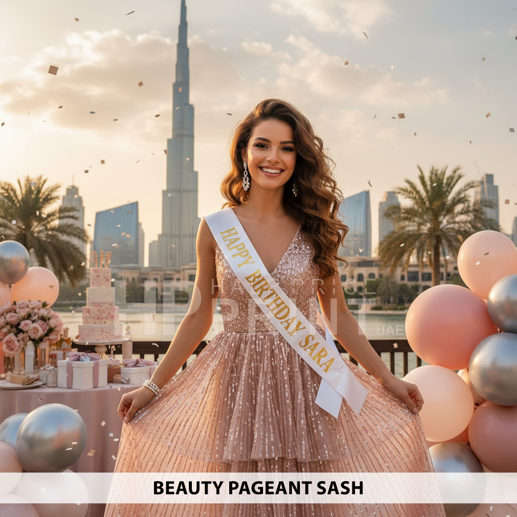 Woman in a sparkly dress with a 'Happy Birthday Sara' sash, standing in front of a city skyline with balloons and a cake.