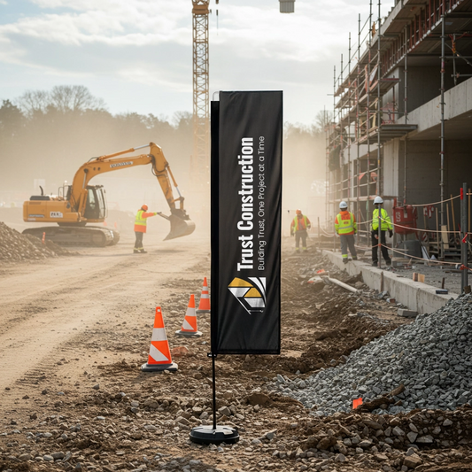 Construction site with 'Trust Construction' banner, excavator, and workers.