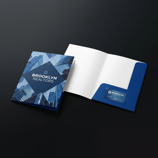 Open blue and white booklet with 'Brooklyn Realtors' branding on a black background