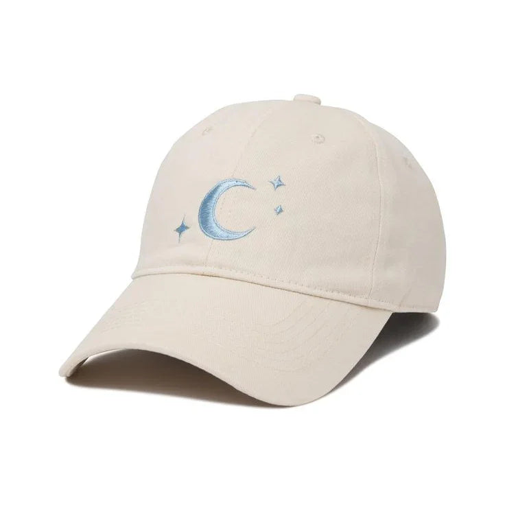 Beige embroidery cap with blue crescent moon and stars, custom hat UAE