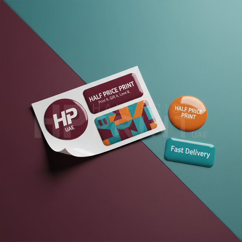 Promotional materials with Half Price Print branding on epoxy sticker