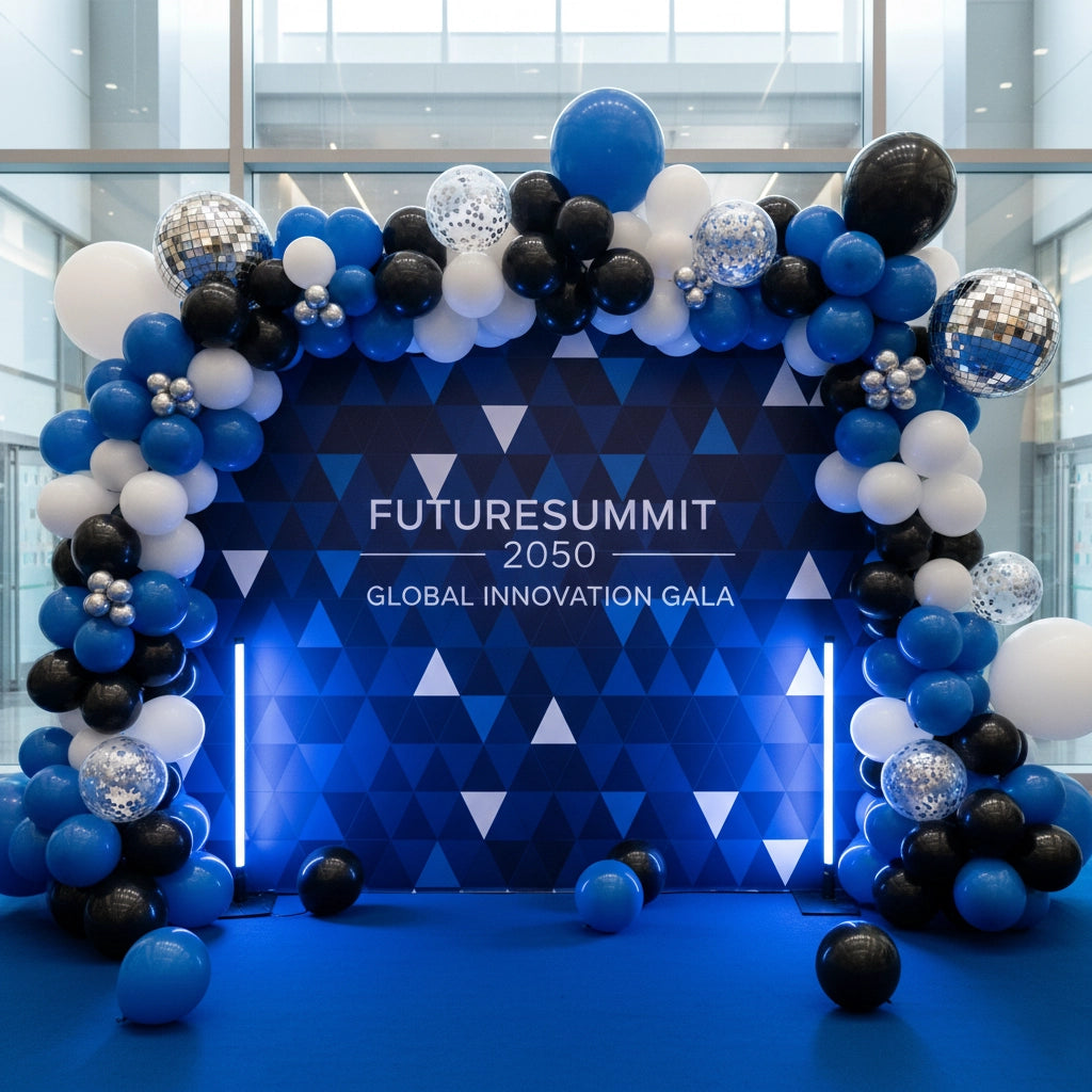 Decorative balloon arch with 'Futuresummit 2050 Global Innovation Gala' sign in a modern indoor setting.