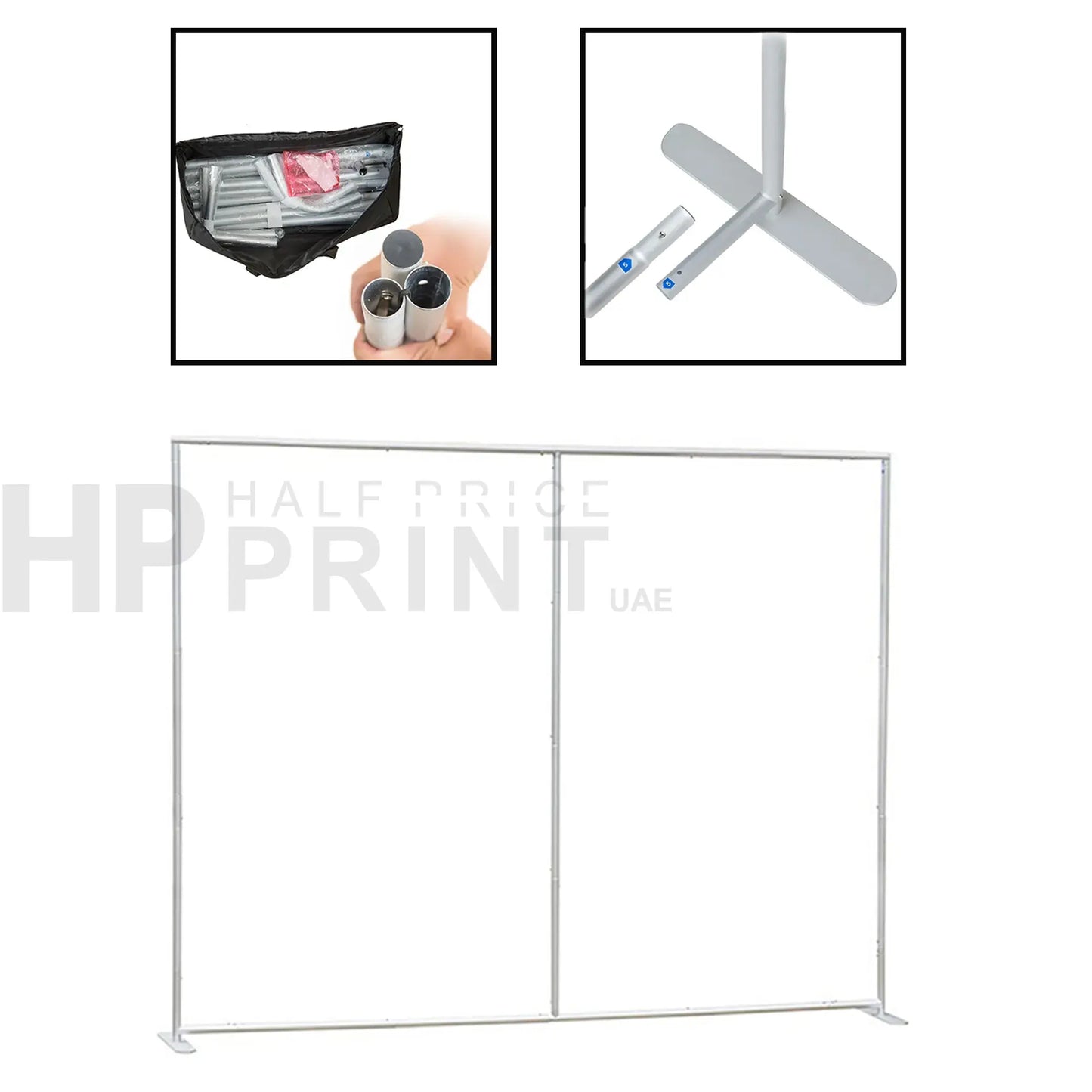 White display stand with insets showing a black pouch, gray cylindrical object, and white rod with blue and red labels.