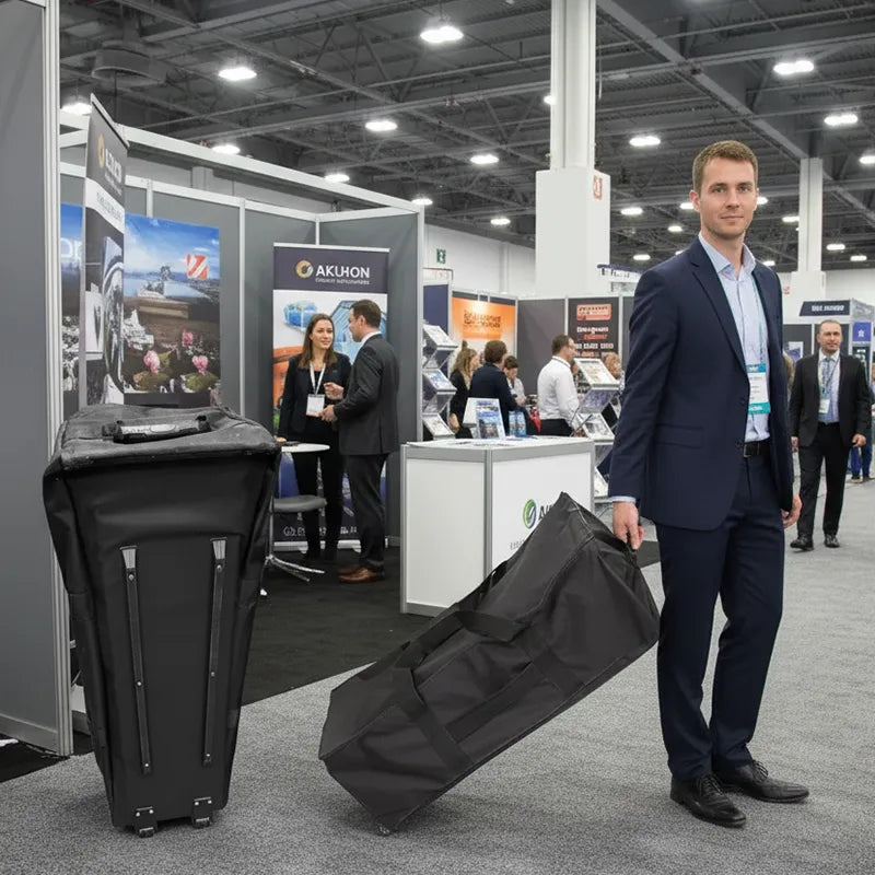 Man pulling a large black suitcase at a trade show with booths and people in the background