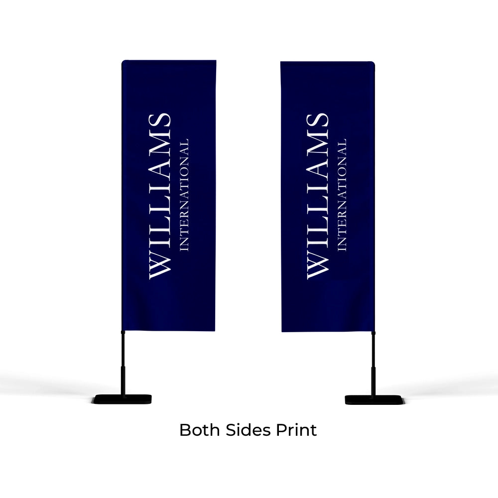 Two navy blue banners with 'Williams International' text on a white background