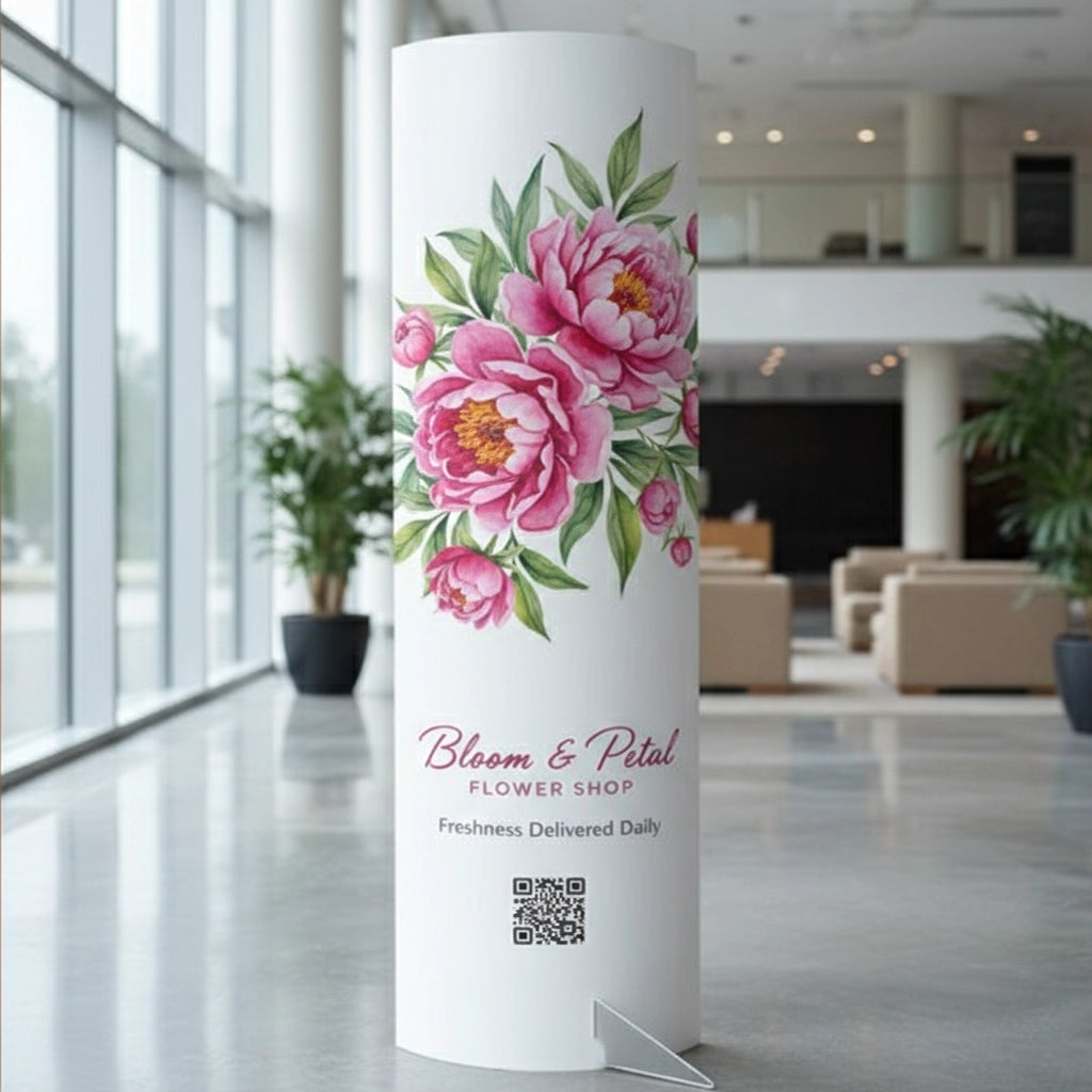 Lama Standee with floral design and 'Bloom & Petal Flower Shop' text in a modern indoor setting