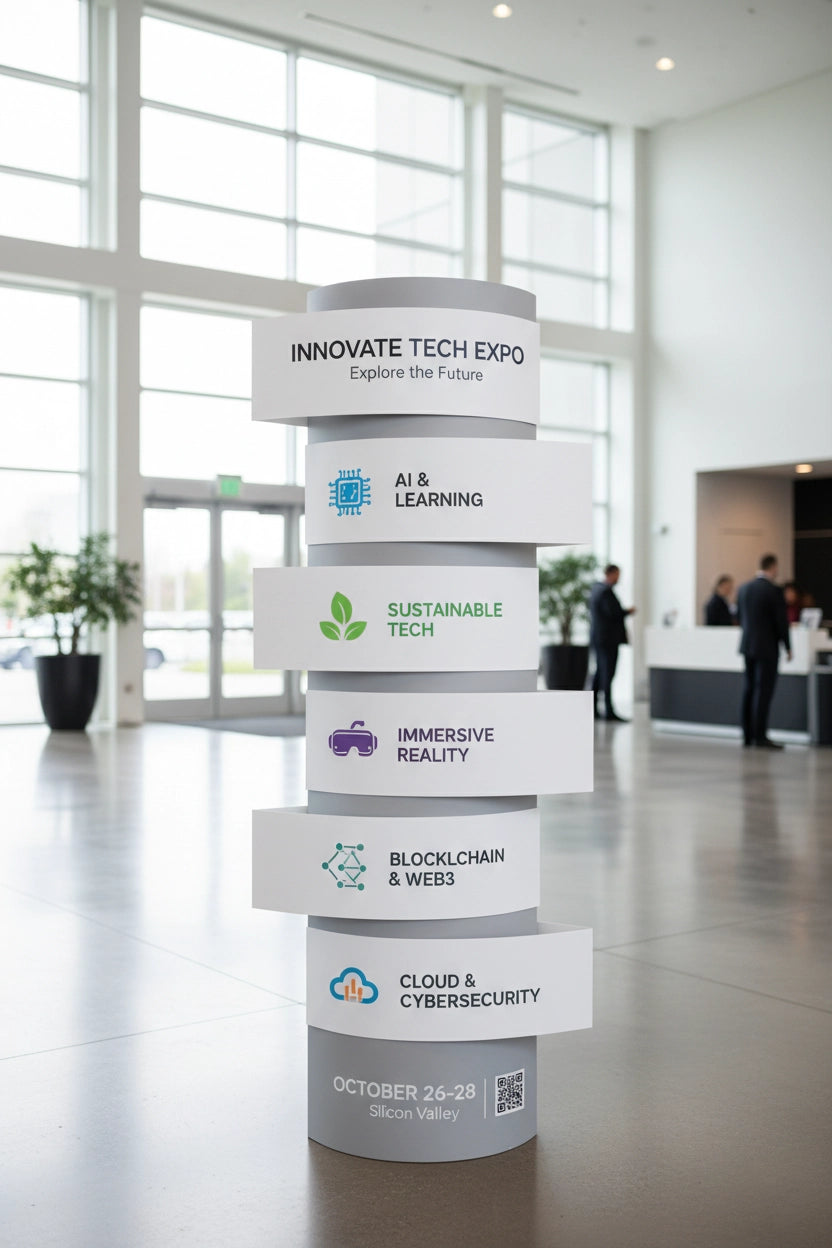 Lama display standee with categories of technology at an expo in a modern building.