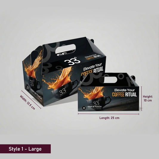 Large coffee gable packaging box with dimensions on a gray background