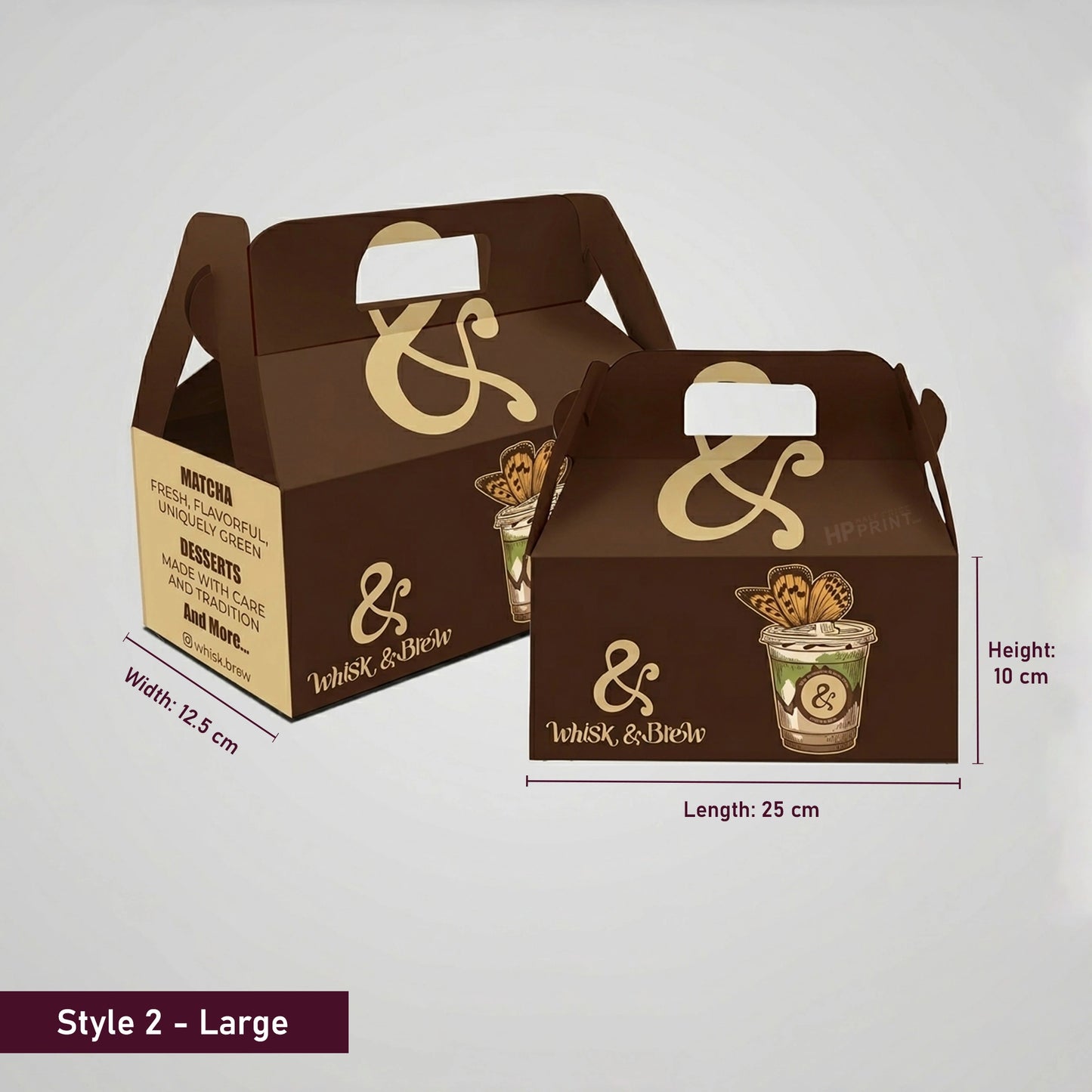 Brown gable packaging box with gold accents and dimensions on a gray background