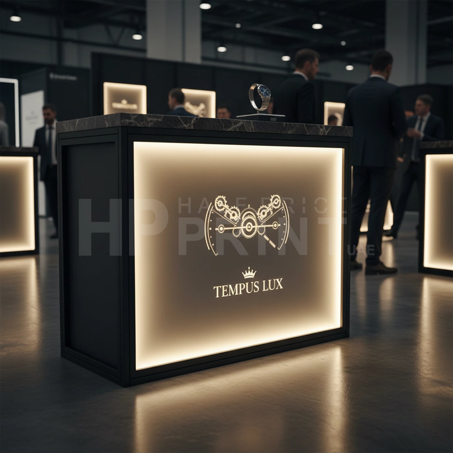 Decorative display counter with Tempus Lux branding in a dark room with people around