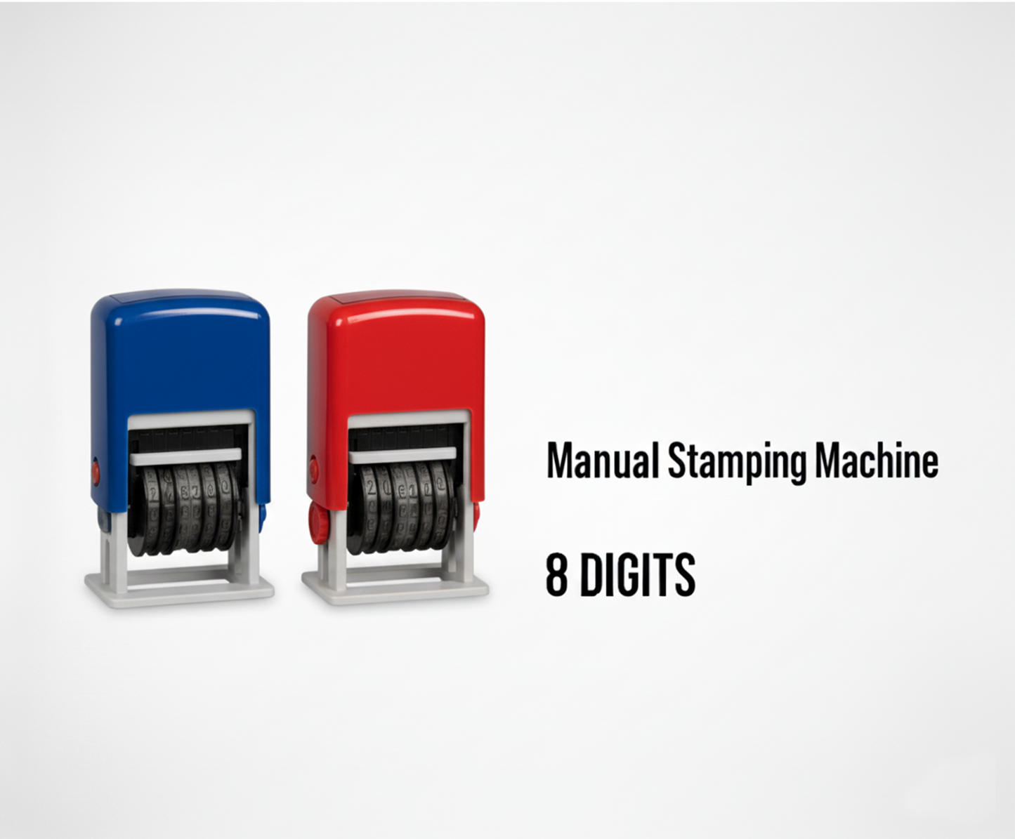 Two manual stamping machines, one blue and one red, on a white background with text indicating they can handle 8 digits.