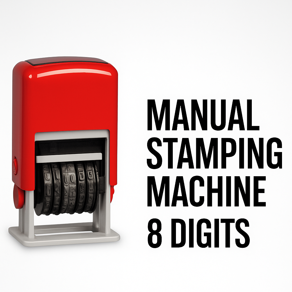Red manual stamping machine with text 'Manual Stamping Machine 8 Digits' on a white background