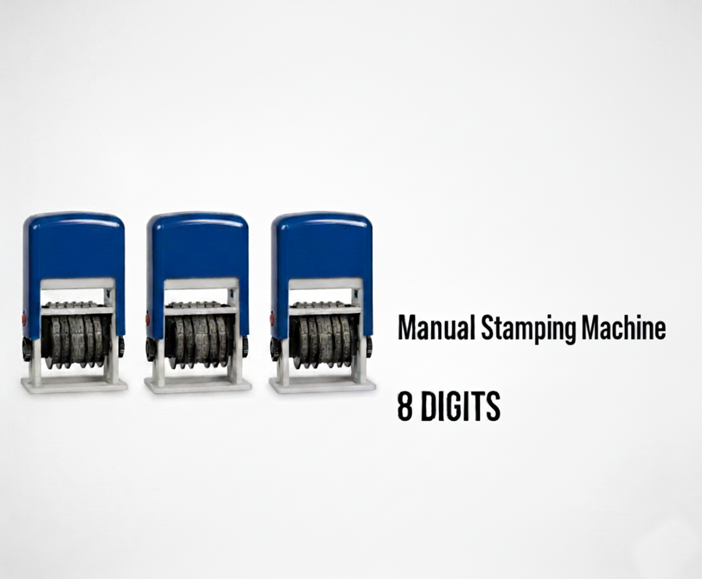 Three manual stamping machines with interchangeable ink pads on a white background.