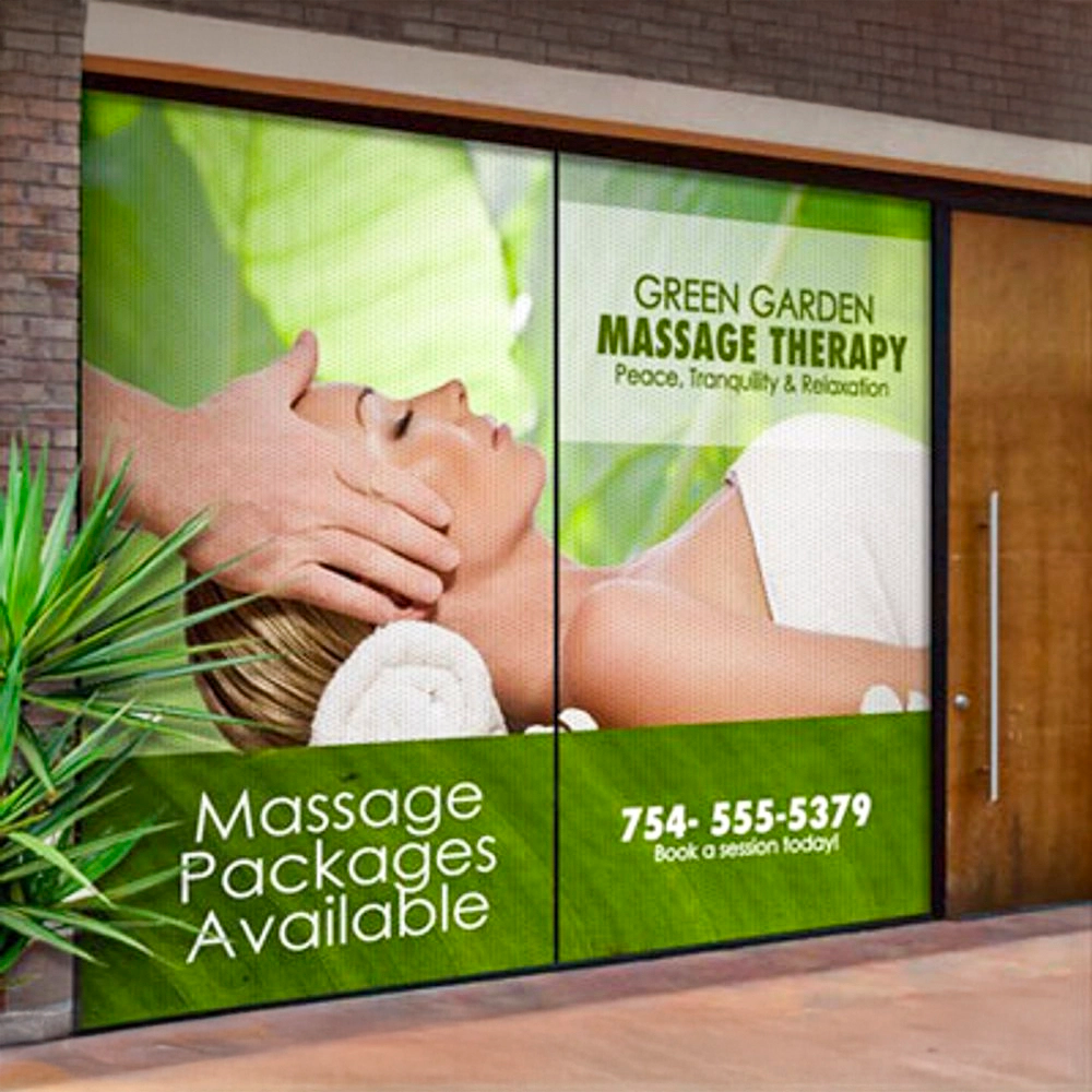 Advertisement for Green Garden Massage Therapy with a massage scene and contact information.