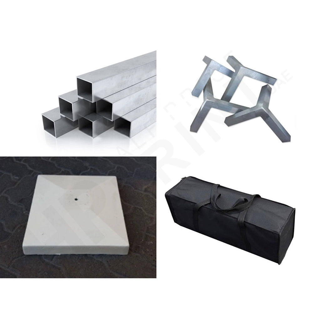 Collection of metal components including rectangular bars, a square block, and a black carrying case on a white background.