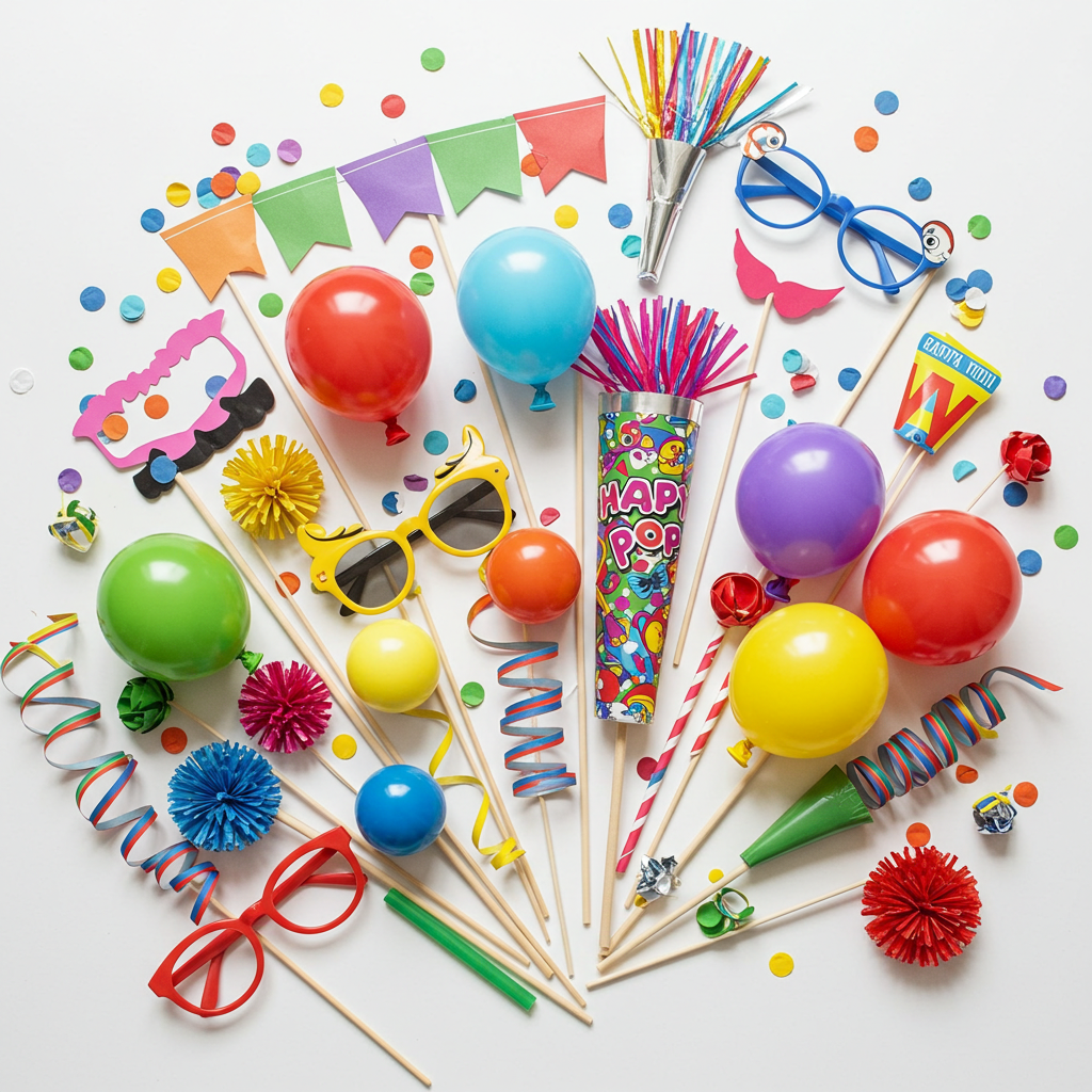 Assorted party supplies including balloons, streamers, and photo props on a white background