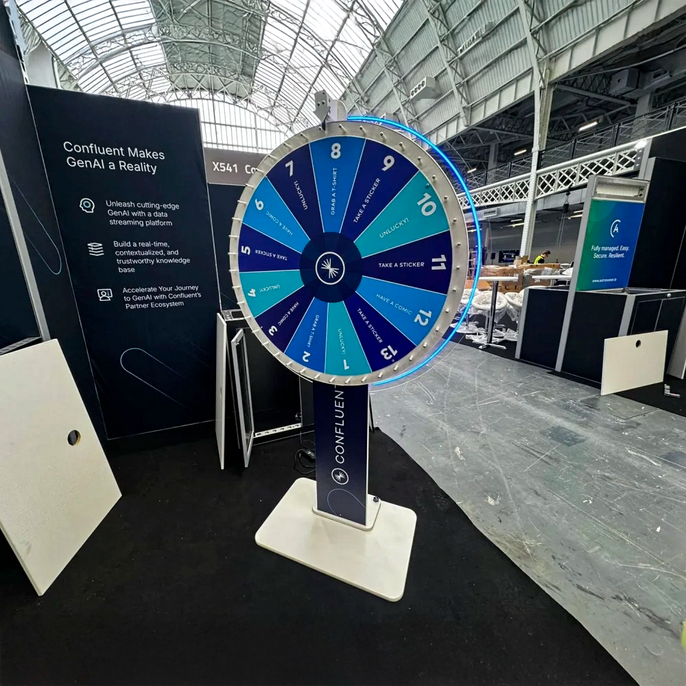 Wheel of fortune with numbers on a stand in an indoor exhibition setting