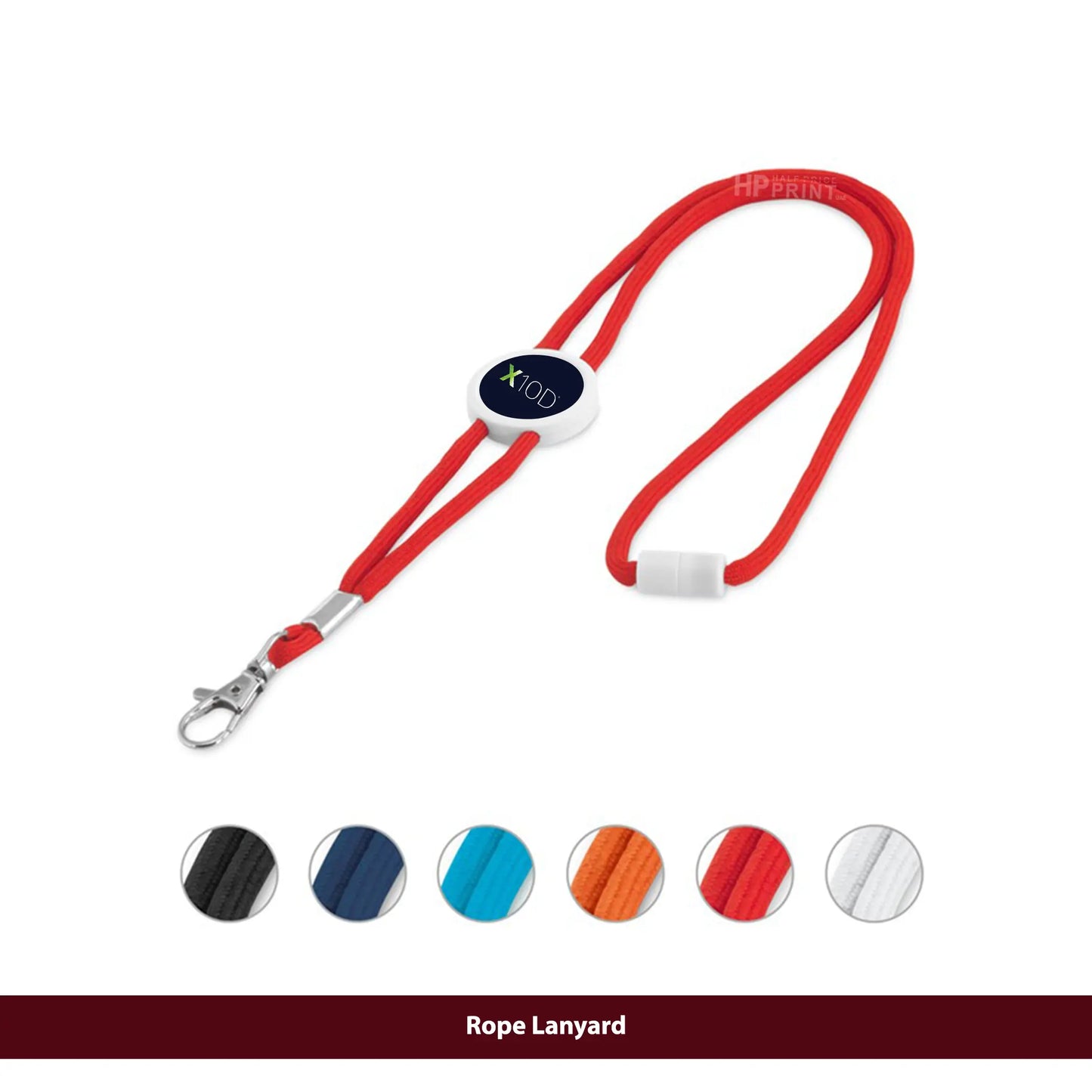 colorful rope lanyard with a clip on a white background, featuring the HP logo.