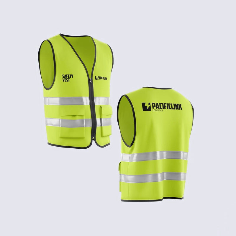 Two safety vests with bright neon fabric and reflective strips, one front and one back view, with 'Safety Vest' and 'PACIFICLINK' text on them.