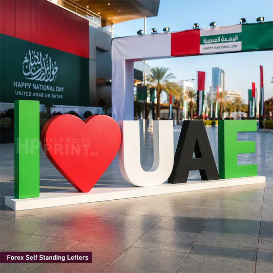 Large freestanding 3D Forex letters spelling “I ♥ UAE” in green, white, and black, placed outdoors in front of a UAE National Day arch and flag displays. The red heart shape is in the center.
