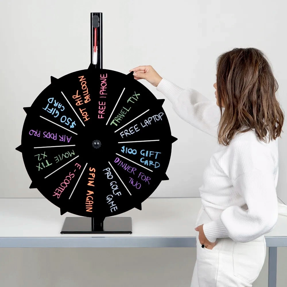 Woman spinning a prize wheel with various prizes on a white background