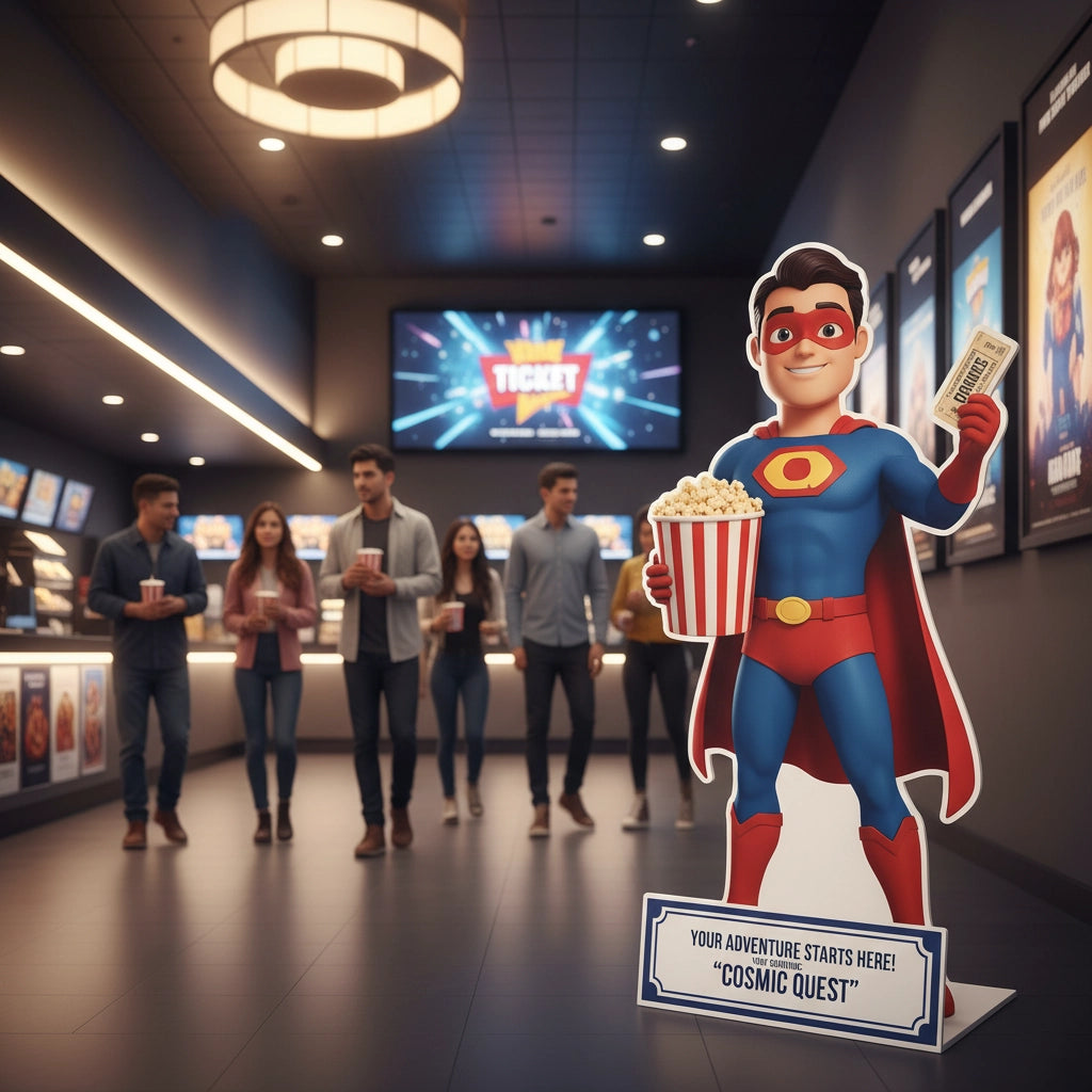 Superhero cutout with popcorn and a movie ticket in a cinema setting
