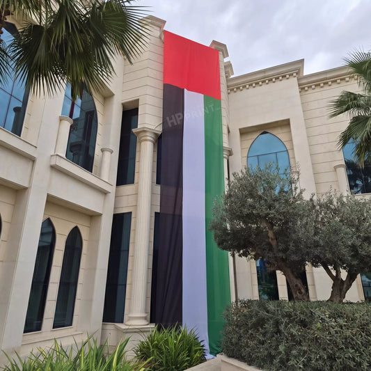 Flag of the United Arab Emirates hanging on a building facade with palm trees and greenery.