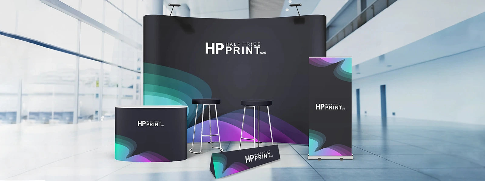 HP Print display setup with banners and stand in a modern indoor setting