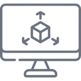 Icon of a computer monitor with a cube and arrows on a white background
