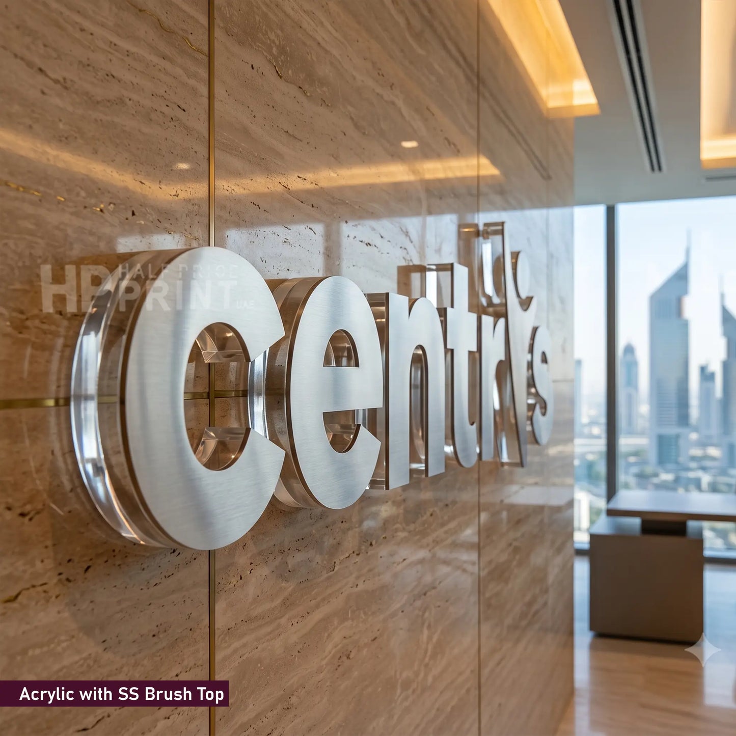 Large metallic acrylic letters spelling 'centur' mounted on a polished beige stone wall, with a city skyline visible through a window in the background.