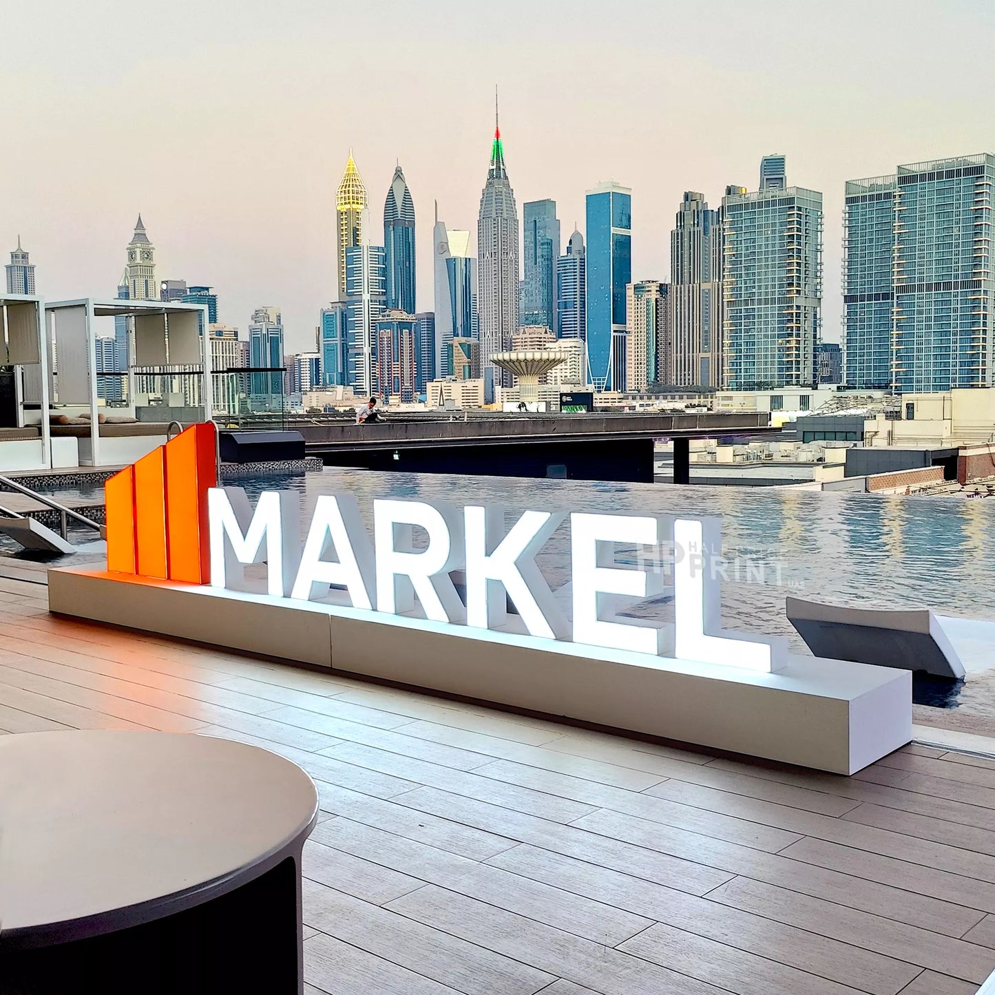 A large illuminated outdoor sign reading MARKEL in white letters with orange graphic bars on the left, placed on a rooftop terrace with a city skyline and water in the background.