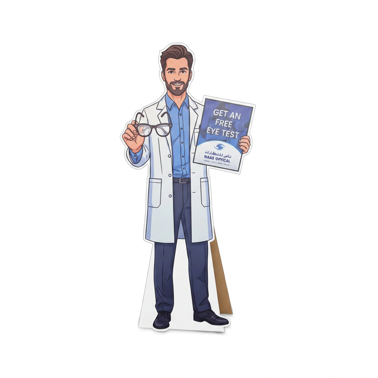 Cardboard standee of a doctor holding eyeglasses and a sign for eye tests on a white background