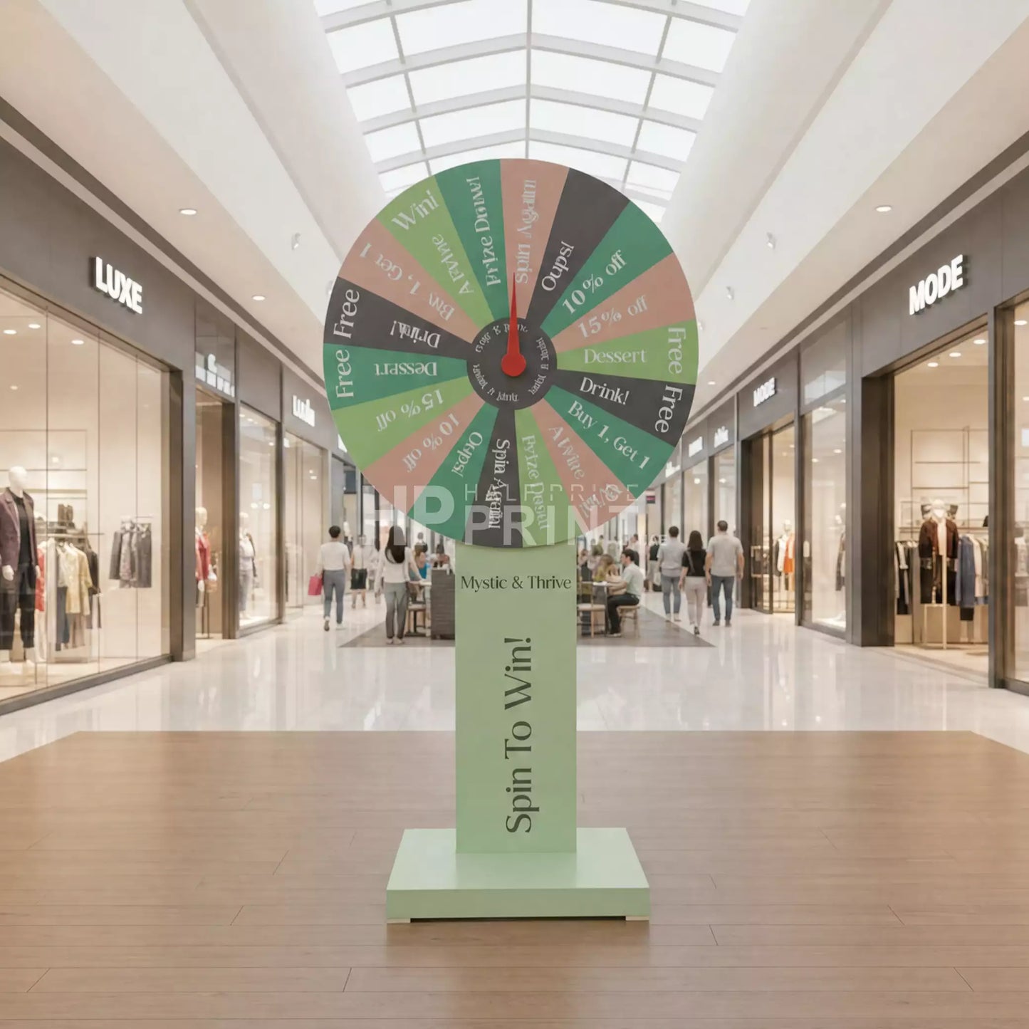 Spinning wheel in a shopping mall with various store entrances.