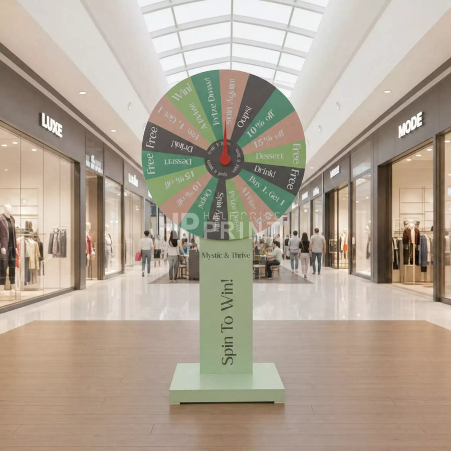 Spinning wheel in a shopping mall with various store entrances.