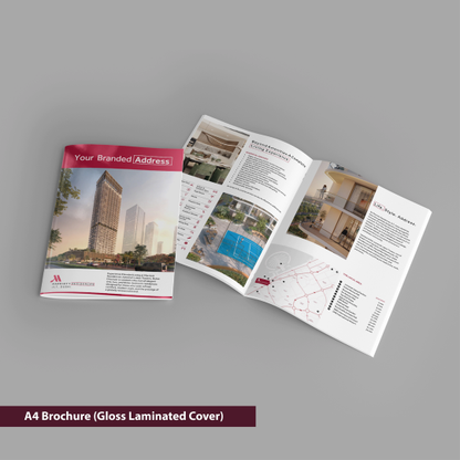 Open A4 brochure with glossy cover on a gray background