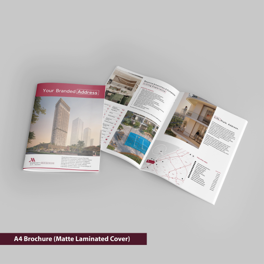 Open A4 brochure with a matte laminated cover on a gray background