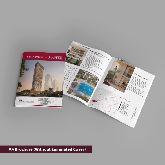 Open A4 brochure with branded address on a gray background