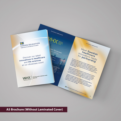 Three WHX brochures on a gray background