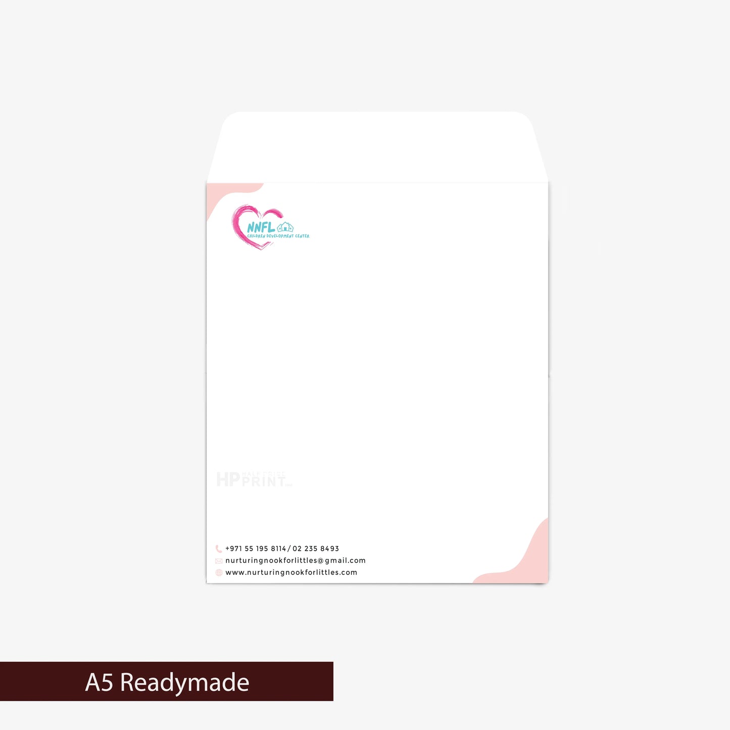 A5 size card with a logo and contact information on a white background