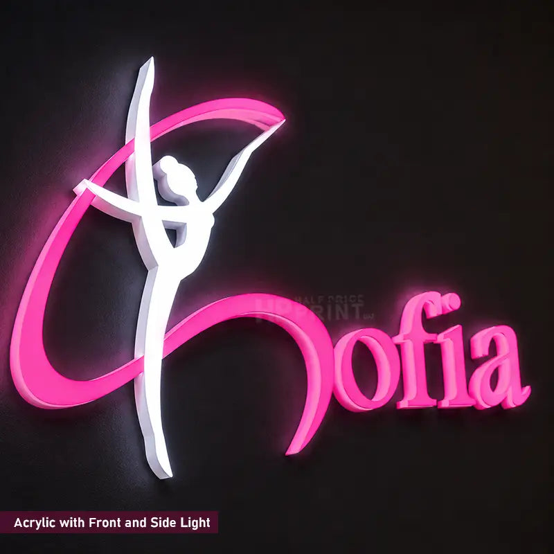 A glowing acrylic wall sign featuring the word 'Anofia' in bright pink with a white stylized dancer figure integrated into the design, shown against a dark background with front and side lighting.