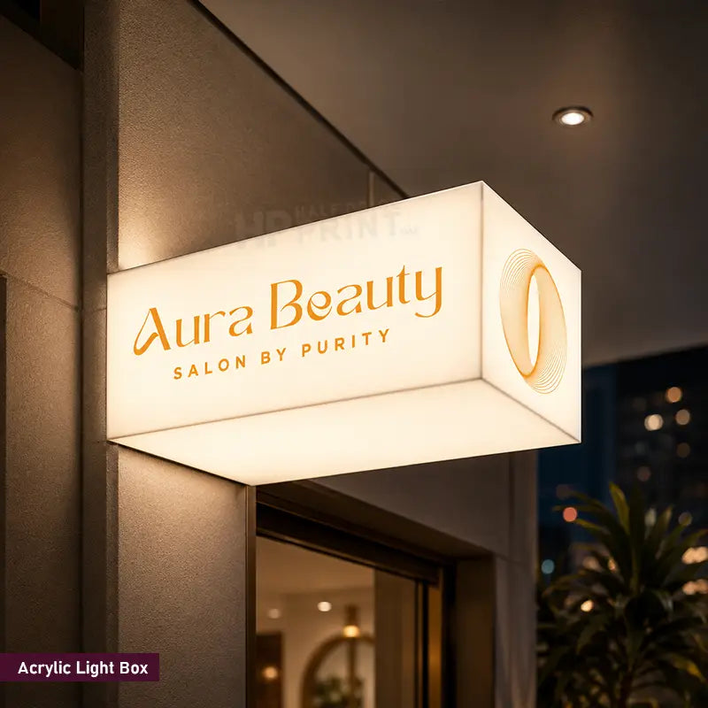 A rectangular illuminated acrylic light box mounted on a building exterior, displaying the brand name 'Aura Beauty' and the tagline 'SALON BY PURITY' in warm gold lettering against a glowing white panel.