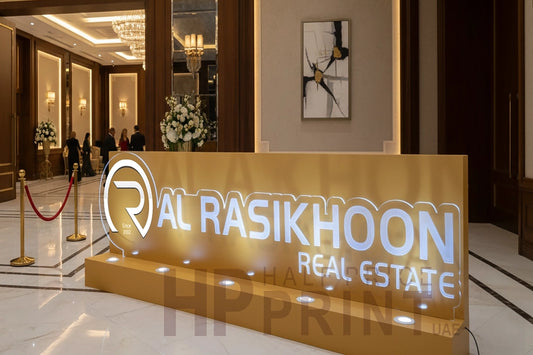 Al Rasikhoon Real Estate sign in a luxurious lobby setting