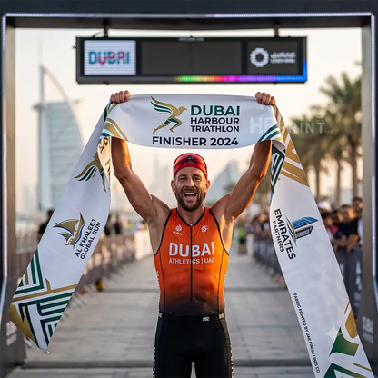 A male athlete celebrates after the Dubai Harbour Triathlon 2024, holding up a white finish banner with gold and green graphics. He is wearing a black and orange gradient triathlon suit with 'DUBAI ATHLET SUMMIT' printed on the chest, standing in front of a blurred background showing the Dubai skyline.