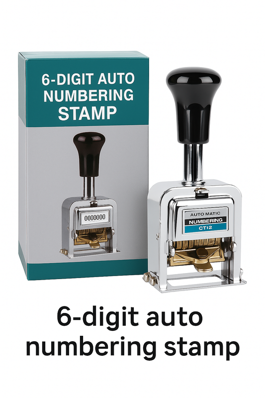 6-digit auto numbering stamp with packaging on a white background